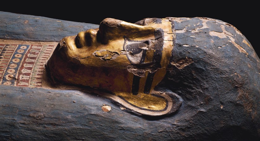 bElow Many mummy covers and coffins like this example, belonging to a young woman named Tasheriankh were covered in gold and given blue headdresses, to increase their resemblance to the gods.