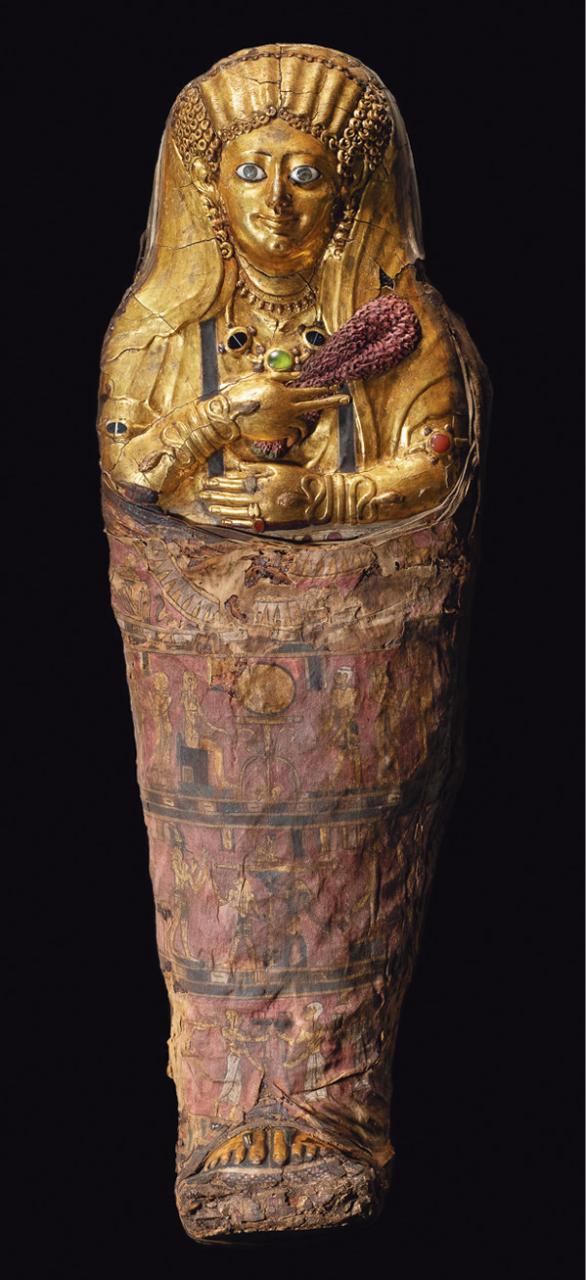 right Flinders Petrie himself was critical of the ‘gaudy’ gold material he unearthed at Hawara, describing this ornate mummy of a young girl as ‘quite too splendaciously got up’.