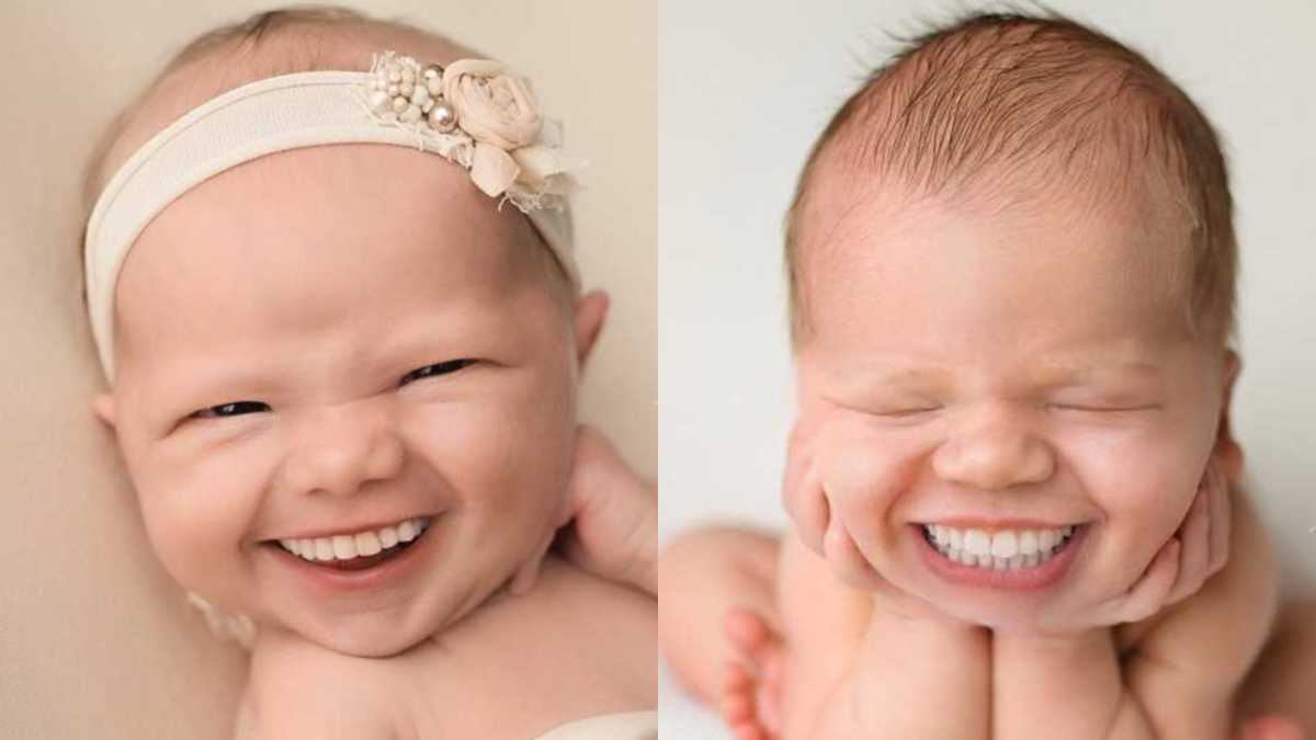 These photo is adds full sets of teeth to newborn photos and the results are both funny and creepy