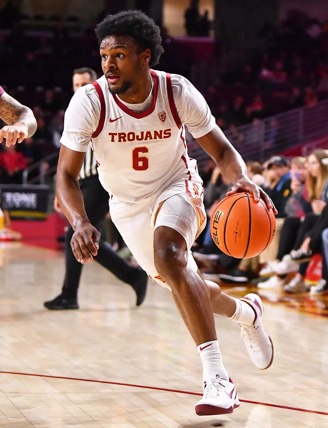 USC Trojans guard Bronny James (6) drives to the basket during the college basketball game between the Arizona State Sun Devils and the USC Trojans on March 7, 2024 at Galen Center in Los Angeles, CA.