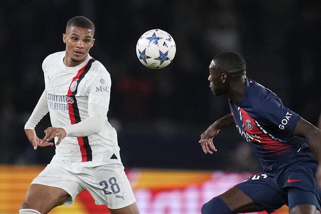 PSG's Randal Kolo Muani, right, challenges for the ball with AC Milan's Malick Thiaw during the Champions League group F soccer match between Paris Saint Germain and AC Milan at Parc des Princes stadium in Paris, Wednesday, Oct. 25, 2023. (AP Photo/Thibault Camus)