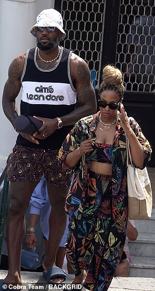 LeBron sported a black-and-white Aime Leon Dore tank top while his Savannah wore a three-piece beach outfit